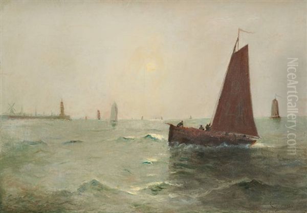 Retour De Peche Au Coucher Du Soleil Oil Painting by Eugene Jacques Hubert Wolters