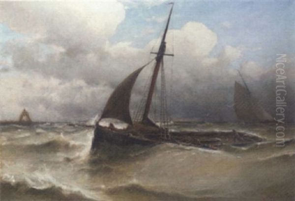 Ostende Fishing Boats Running Into Their Homeport In A Squall Oil Painting by Eugene Jacques Hubert Wolters