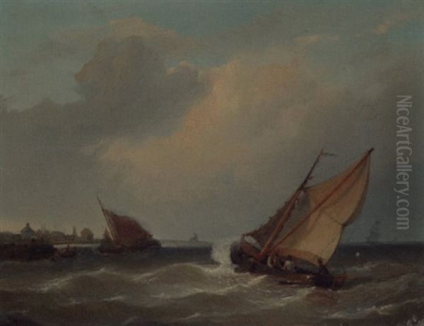 Shipping Entering A Harbour In A Stiff Breeze by Eugene Jacques Hubert Wolters