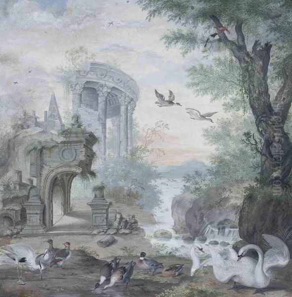 A Capriccio River Landscape With Part Of A Classical Rotunda And Apyramid, With Swans, A Mallard, A Heron And A Kingfisher Oil Painting by Johannes Bronkhorst