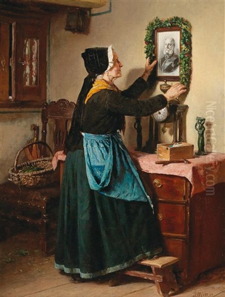 Decorating The Portrait Of Emperor William I Oil Painting by Berthold Woltze