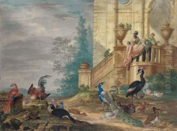 Birds In The Grounds Of An Elegant House, Including Ared Macaw, A Green Parrot, A Peacock And Peahen, A Turkey Andhens Oil Painting by Johannes Bronkhorst