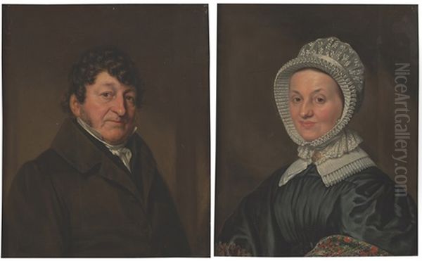 A Portrait Of A Gentleman, Bust Length, Wearing A Black Coat With A White Chemise; A Portrait Of His Wife, Bust Length, Wearing A Black Satin Dress With White Lace Collar And Bonnet, And A Kashmir Shawl Oil Painting by Pieter Christoffel Wonder