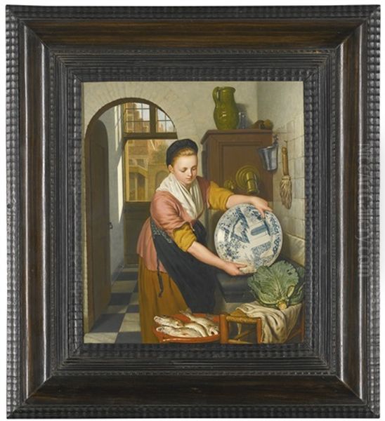 A Girl Washing A Porcelain Dish In A Kitchen Oil Painting by Pieter Christoffel Wonder