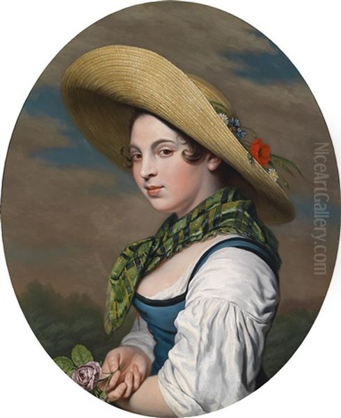 Ein Junges Madchen Mit Einem Strohhut Und Einer Rose Oil Painting by Pieter Christoffel Wonder