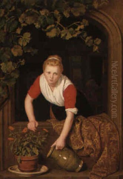 A Young Woman Watering Flowers Oil Painting by Pieter Christoffel Wonder