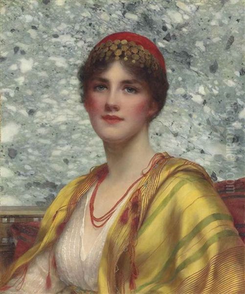 A Classical Maiden, Half-length, In A White Dress With A Golden Shawl Oil Painting by William Clarke Wontner