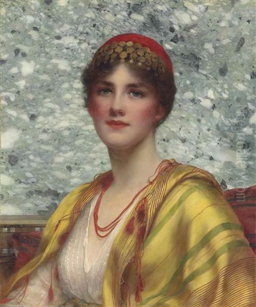 A Classical Maiden, Half-length, In A White Dress With A Golden Shawl Oil Painting by William Clarke Wontner