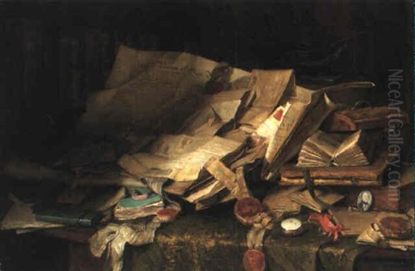 Still Life Of Books And Papers On A Desk Oil Painting by Catherine Mary Wood