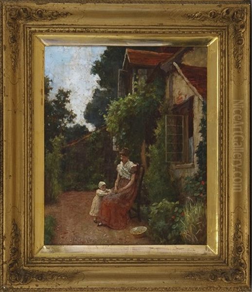 Young Woman With A Child In A Flower Garden Oil Painting by Charles Haigh Wood