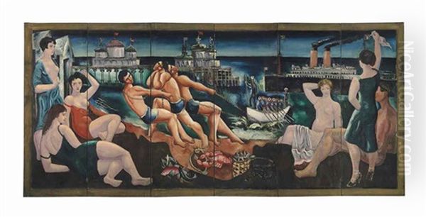 Beach Scene With Bathers, Pier And Ships (in 6 Parts) Oil Painting by Christopher Wood