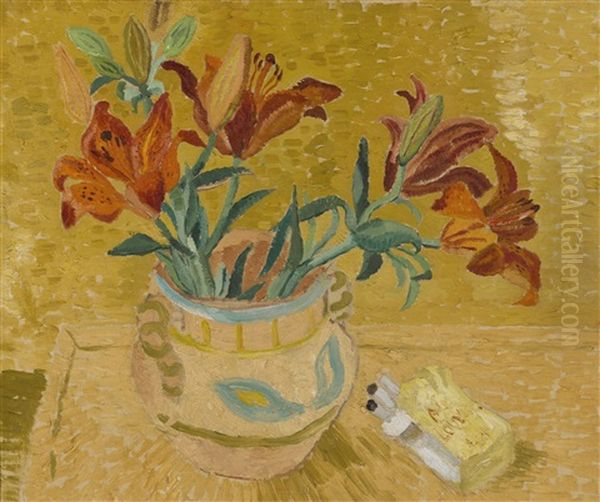 Lilies In A Decorated Bowl Oil Painting by Christopher Wood