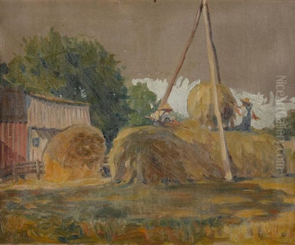 Haystacks And Red Barn Oil Painting by Grant Wood