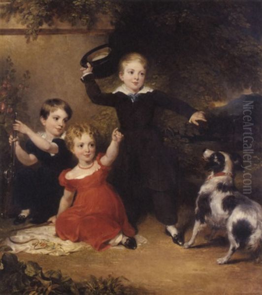 Portrait Of Three Children In A Landscape With A Dog, One Boy Standing With His Right Hand Raised And Holding A Hat, The Girl Seated Wearing A Red Dress And Holding A Toy Whip, The Second Boy Kneeling Oil Painting by John Wood