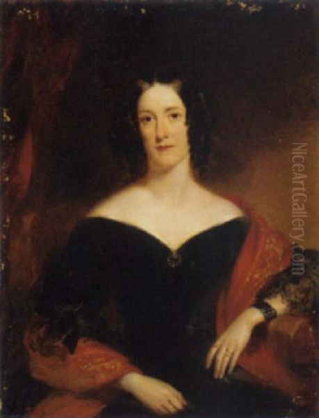 Portrait Of Marie Louise Mcmullin, Nee Lenferna De Laresta, In A Black Dress And Red Shawl Oil Painting by John Wood