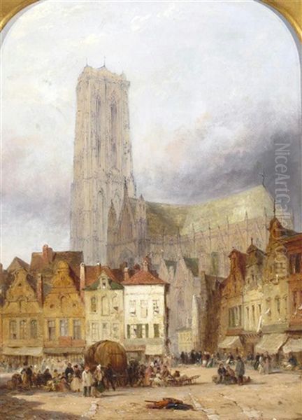 Cathedral At Malines From Groot Markt Oil Painting by Lewis John Wood