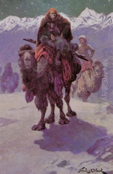 Men Riding Camels Through Snowy Terrain Oil Painting by Stanley L. Wood