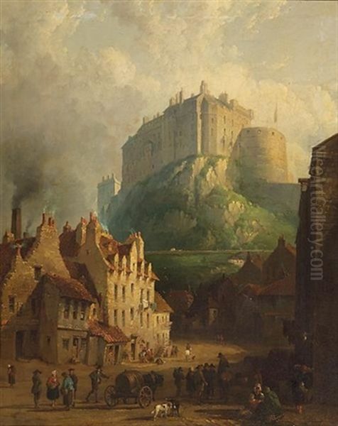 A View Of Edinburgh Castle From Below, With Figures And Horses In The Foreground Oil Painting by Thomas P. Wood