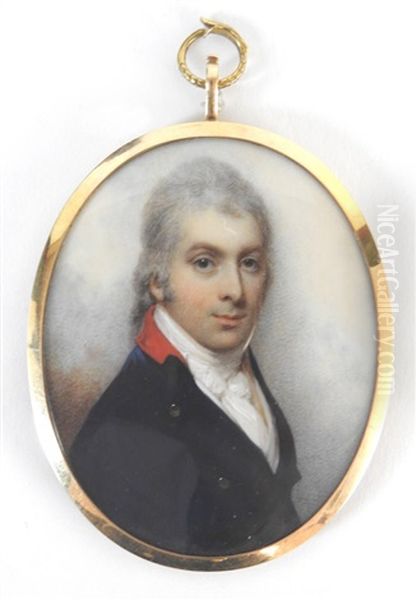 A Portrait Miniature Of A Gentleman Wearing A Blue Coat With A Scarlet Collar Oil Painting by William Wood