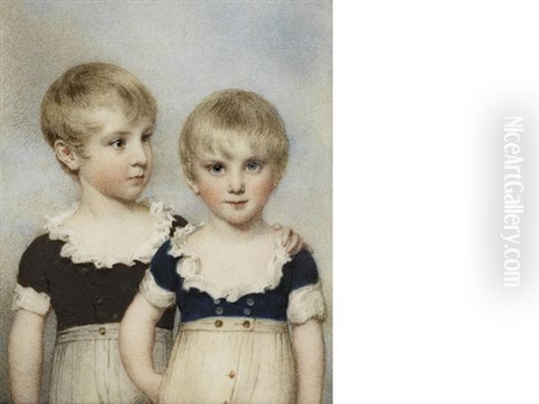 A Rare Double-portrait Of The Beauvais Boys: Lewis And Alexander Beauvais, Aged 5 And 4 Years Respectively; Lewis, With Turned Head And A Protective Hand On His Younger Brother's Shoulder Oil Painting by William Wood