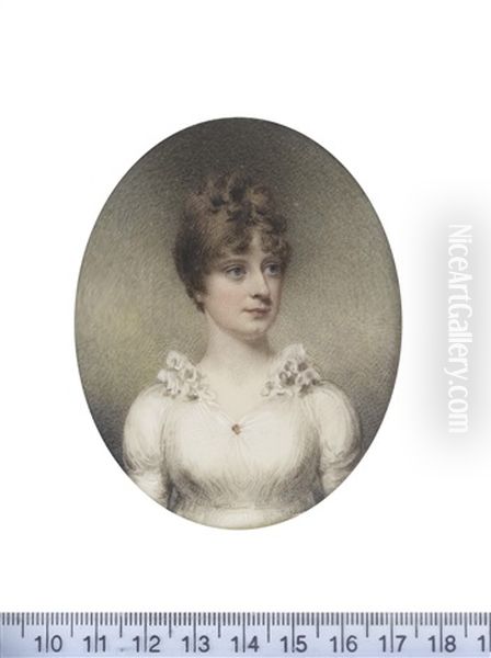 Harriet Beachcroft (1767-1834), Wearing White Dress With Frilled Collar And Red Jewel At Her Corsage, Her Hair Softly Curled And Upswept Oil Painting by William Wood