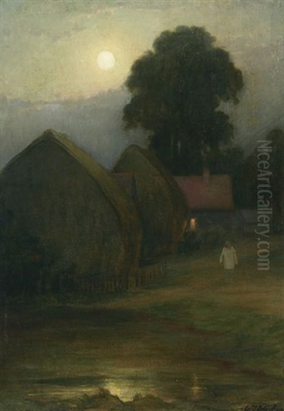 Moonlit Farm Oil Painting by William John Wood