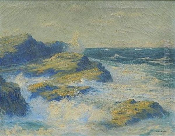 Waves Against Rocks Oil Painting by William R. C. Wood