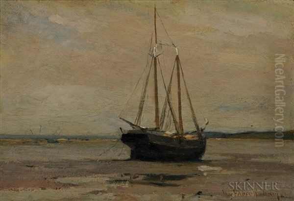 Sailing Vessel Beached At Low Tide Oil Painting by Charles Herbert Woodbury