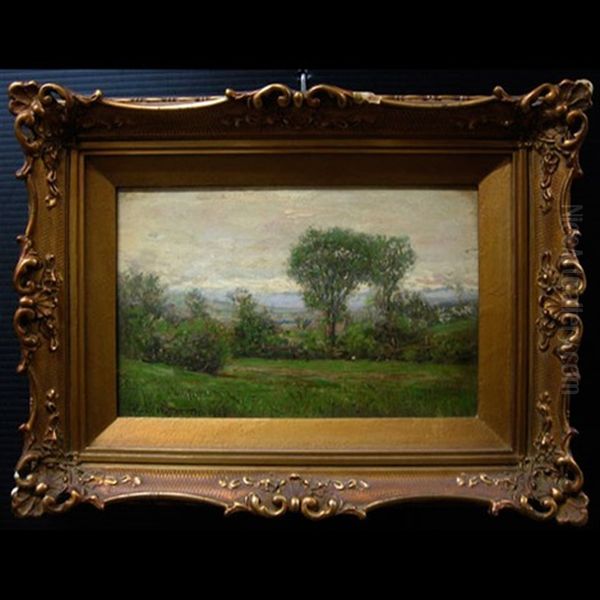 Landscape Study With Old Rail Fence And Distant Houses Oil Painting by Percy Franklin Woodcock