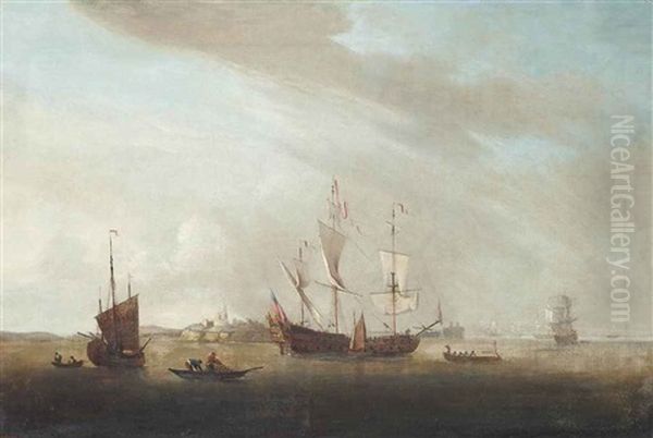 A Royal Navy Two-decker Getting Underway From Her Anchorage Off A Fortified Headland, Thought To Be The Channel Islands Oil Painting by Robert Woodcock