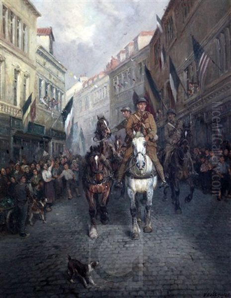 Victory Parade, British Soldiers Entering Ypres Oil Painting by William Woodhouse