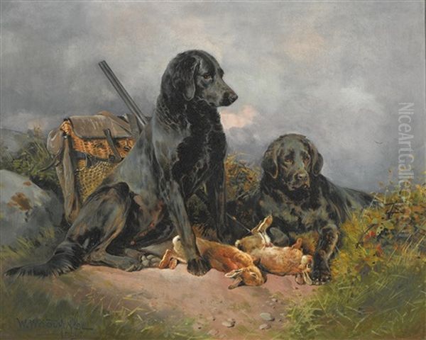 Two Black Retrievers With A Brace Of Rabbits Oil Painting by William Woodhouse