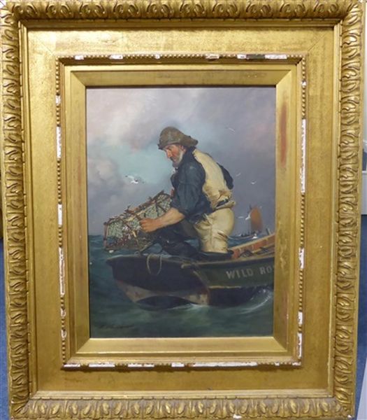 A Fisherman Hauling In A Lobster Pot Oil Painting by William Woodhouse