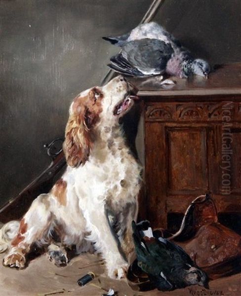 After The Shoot, Interior With Setter Beside Game Birds And An Oak Coffer Oil Painting by William Woodhouse