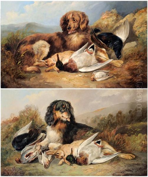 Liver Spaniel With The Days Bag; Black And Tan Spaniel With The Days Bag (2 Works) Oil Painting by William Woodhouse