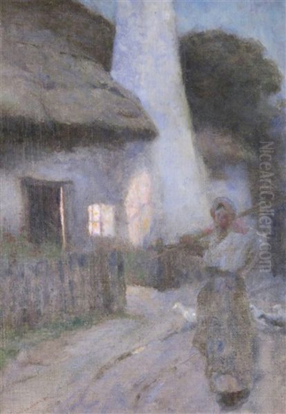 A Goosegirl By Moonlight Oil Painting by David Woodlock