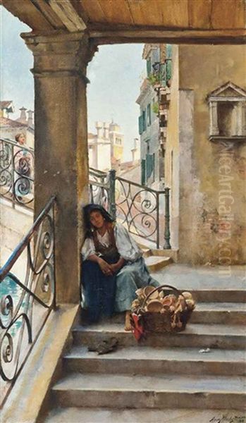 A Rest On The Steps, Venice Oil Painting by Henry Woods