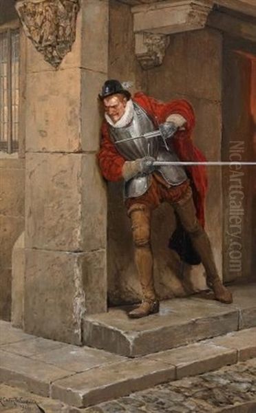 Ein Ritter Aus Der Zeit Charles I. (+ Der Lauernde Angreifer; 2 Works) Oil Painting by Richard Caton Woodville Jr.