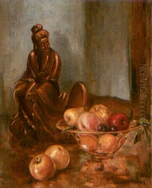 Still Life Of Apples And Oriental Statue Oil Painting by Ellsworth Woodward