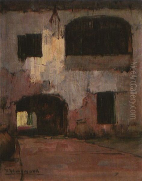 French Quarter Courtyard Oil Painting by Ellsworth Woodward