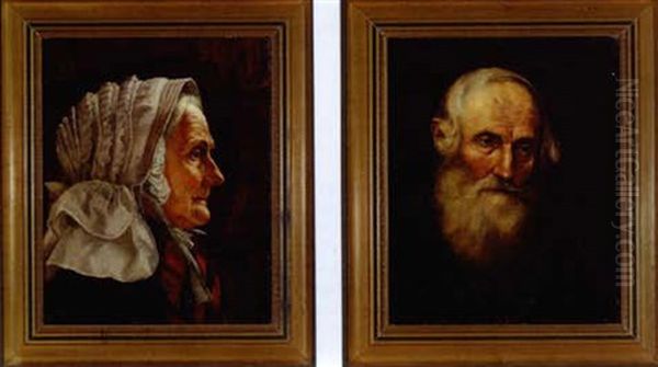 Portrait Of An Elderly Woman Wearing White Cap (+ Portrait Of An Elderly Bearded Man; Pair) Oil Painting by Ellsworth Woodward