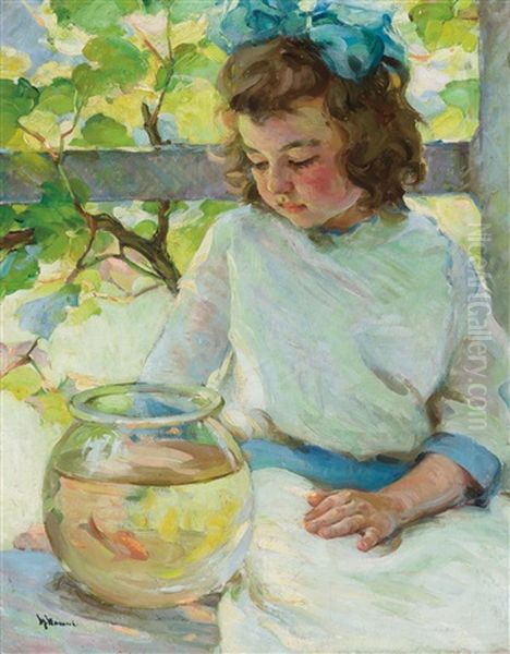 Young Girl With Fish Bowl Oil Painting by Mabel May Woodward