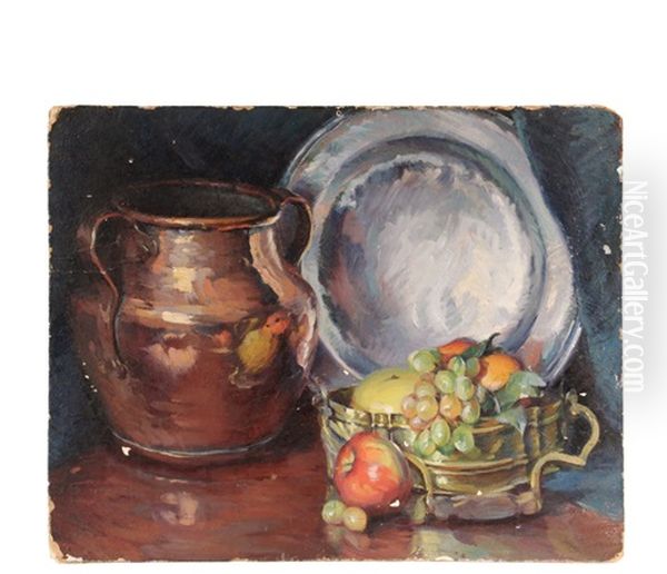 Still Life With Fruit, Copper Jug And Pewter Plate Oil Painting by Mabel May Woodward