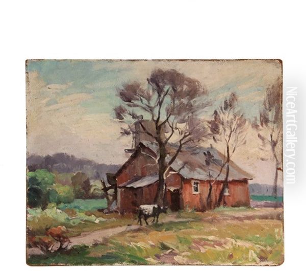 Cow Approaching Red Barn Oil Painting by Mabel May Woodward