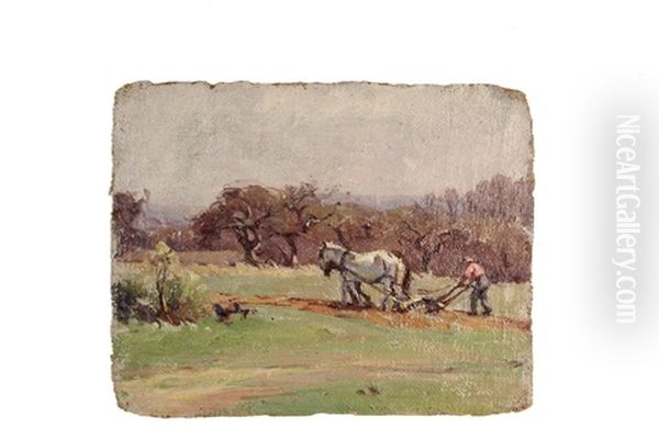 Man Plowing Spring Field With Horse Team, Maine Coast Oil Painting by Mabel May Woodward