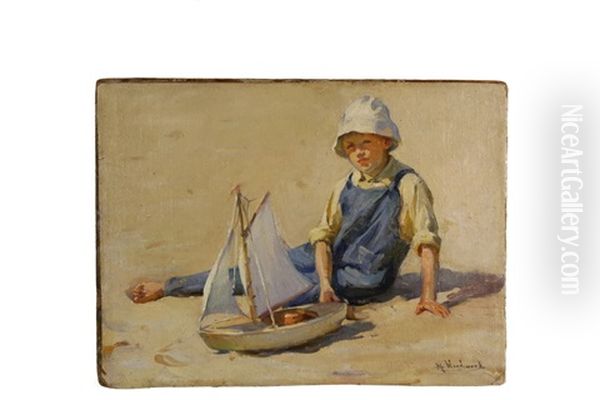 Boy With Toy Boat On Beach Oil Painting by Mabel May Woodward