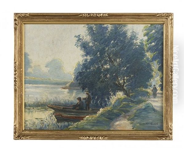 Spring Afternoon - Pirogue On The Lake Oil Painting by William Woodward