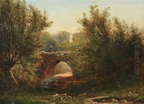 Landscape With Ducks And Bridge Oil Painting by Joseph (or James) R. Woodwell