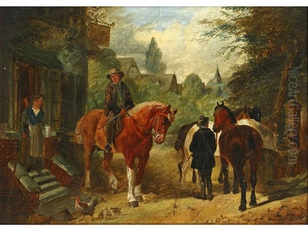 Travellers On Horseback By An Inn Oil Painting by Henry Charles Woollett