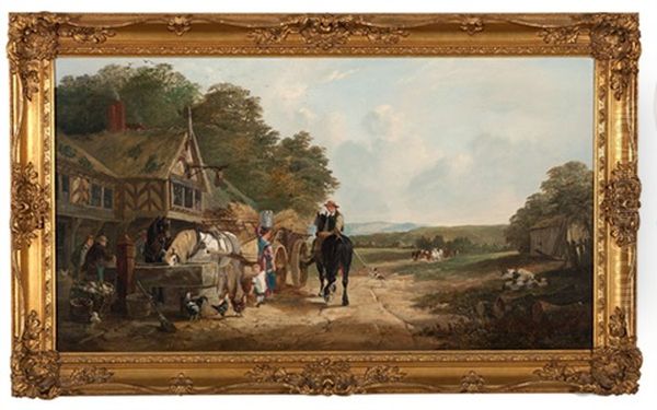 English Roadside Scene Oil Painting by Henry Charles Woollett